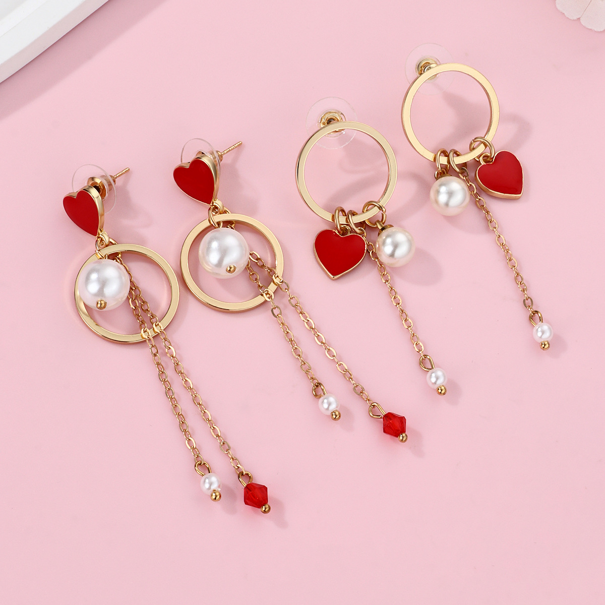 Red Heart Pearl Tassel Earrings