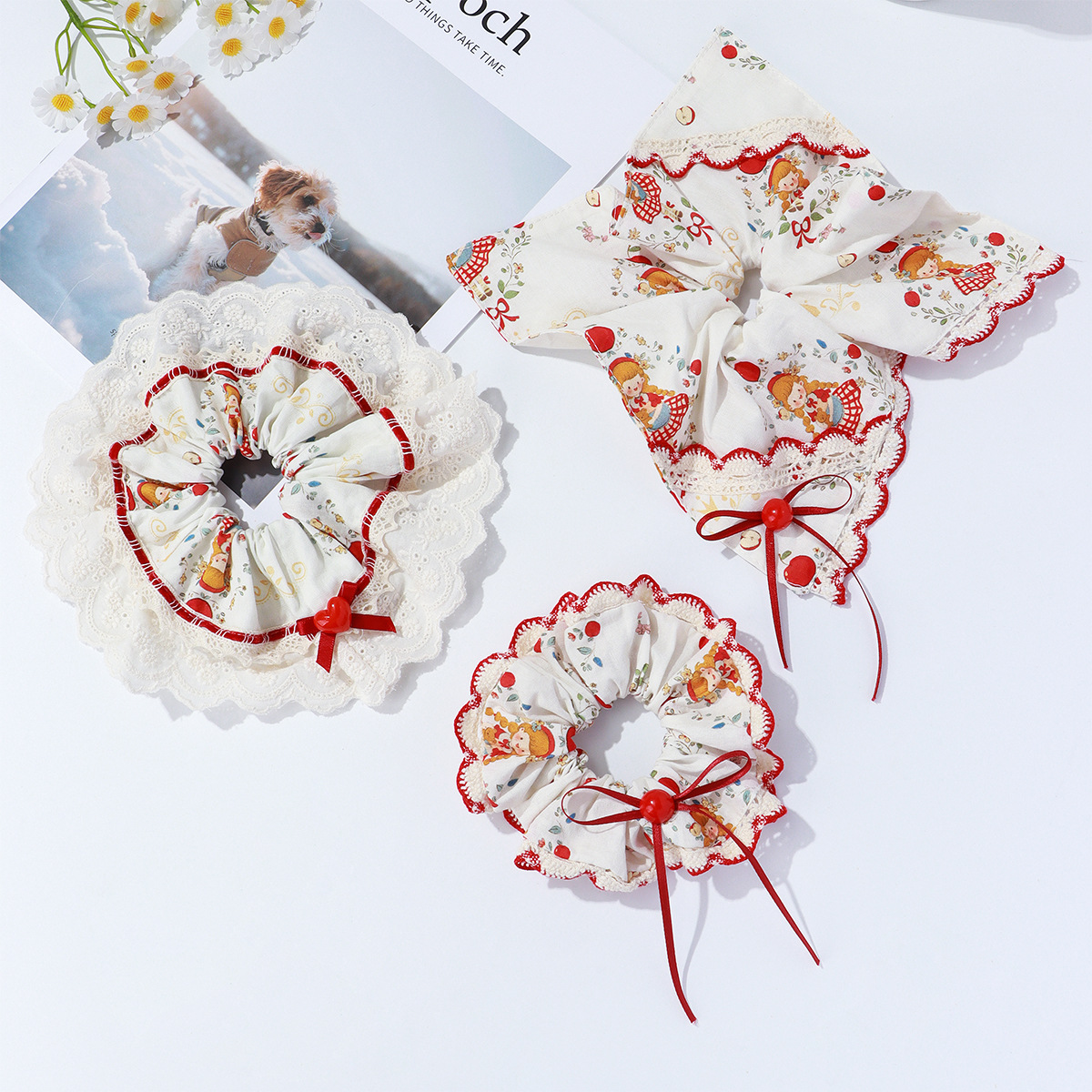 Apple Bow Lace Scrunchie