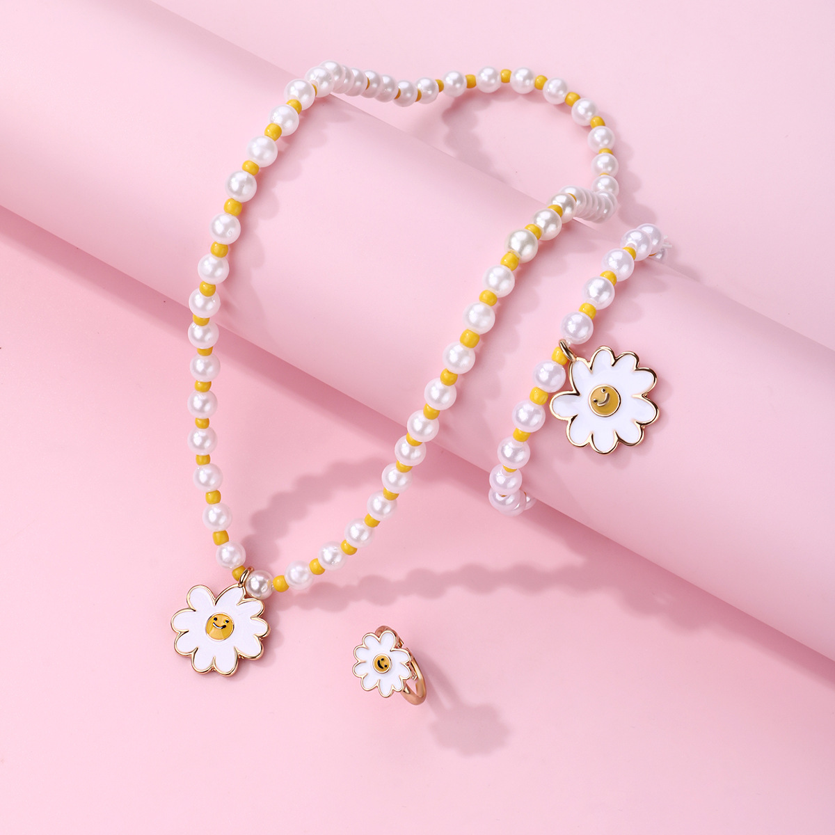 Sunflower Bead Bracelet Necklace Ring Set