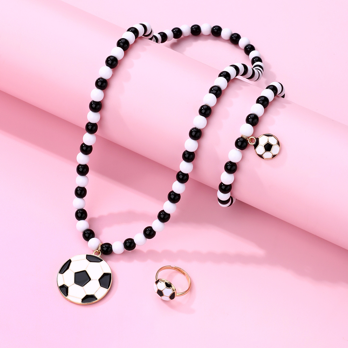 Soccer Bead Bracelet Necklace Ring Set